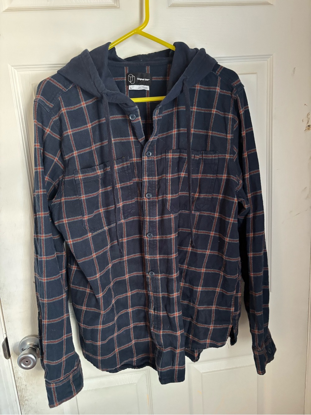 Original Use Navy Plaid Hooded Button-Down Shirt Jacket